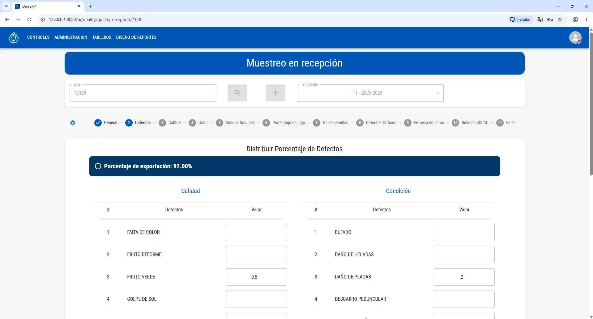 Daia Calidad - Muestreo en Recepción (detalle)