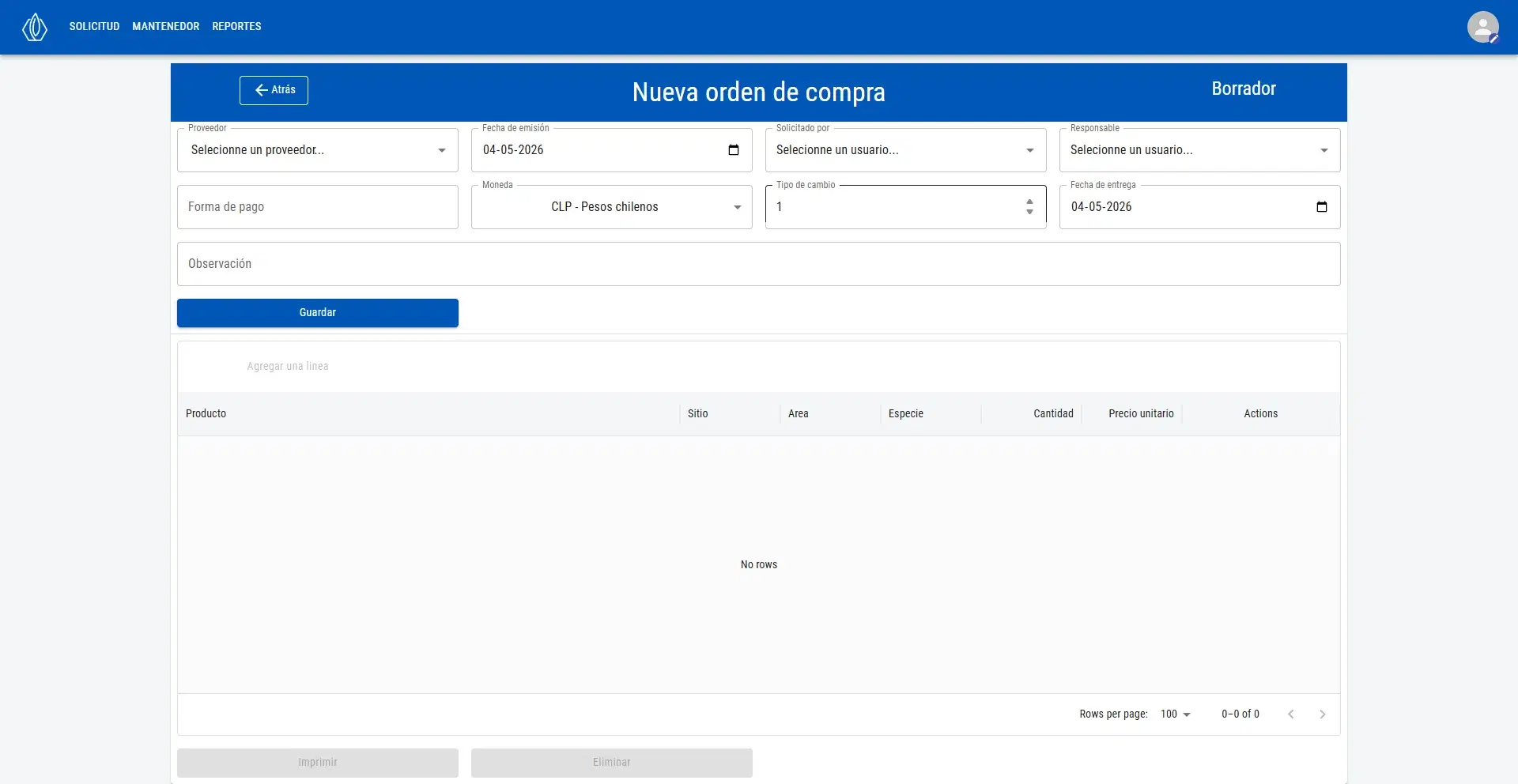 Daia ERP - Orden de compra